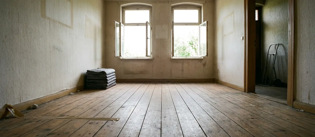 Leergeräumtes Wohnzimmer eines älteren Hauses mit Dielenboden, offenen Fenstern und einem einzelnen Stapel zusammengelegter Decken in der Ecke, im Flur dahinter eine Sackkarre