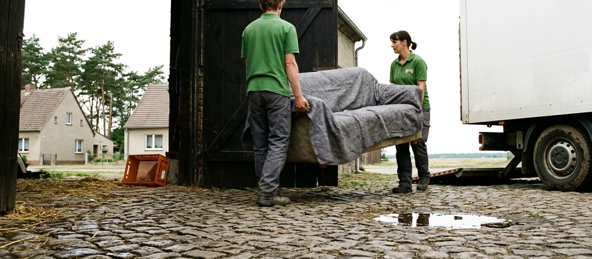Ein Zweisitzer in Decken gehüllt wird von zwei Trägern über eine gepflasterte Hofeinfahrt zu einem offenen Kastenwagen getragen, im Hintergrund ein Scheunentor aus dunklem Holz