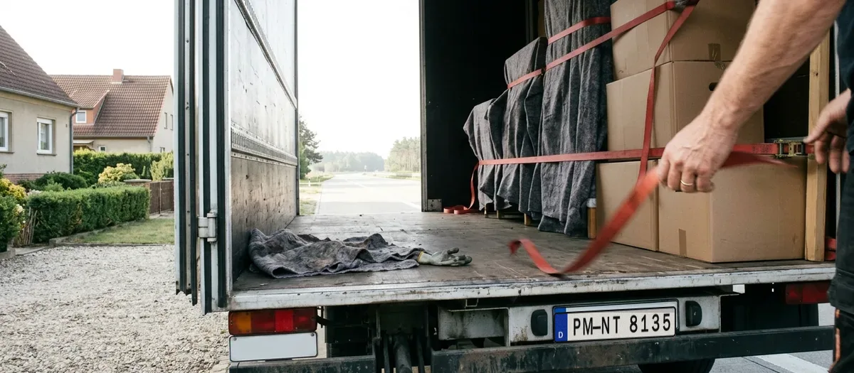 Blick über die Ladefläche eines großen Möbelwagens: mit Decken geschützte Möbel und gestapelte Kartons sind mit roten Spanngurten an der Bordwand gesichert, von rechts greift ein angeschnittener Arm in Bewegung an eine Ratsche, auf dem Ladeboden liegen eine Decke und ein Handschuh, dahinter die geöffnete Tür und eine leere Straße im dunstigen Morgenlicht