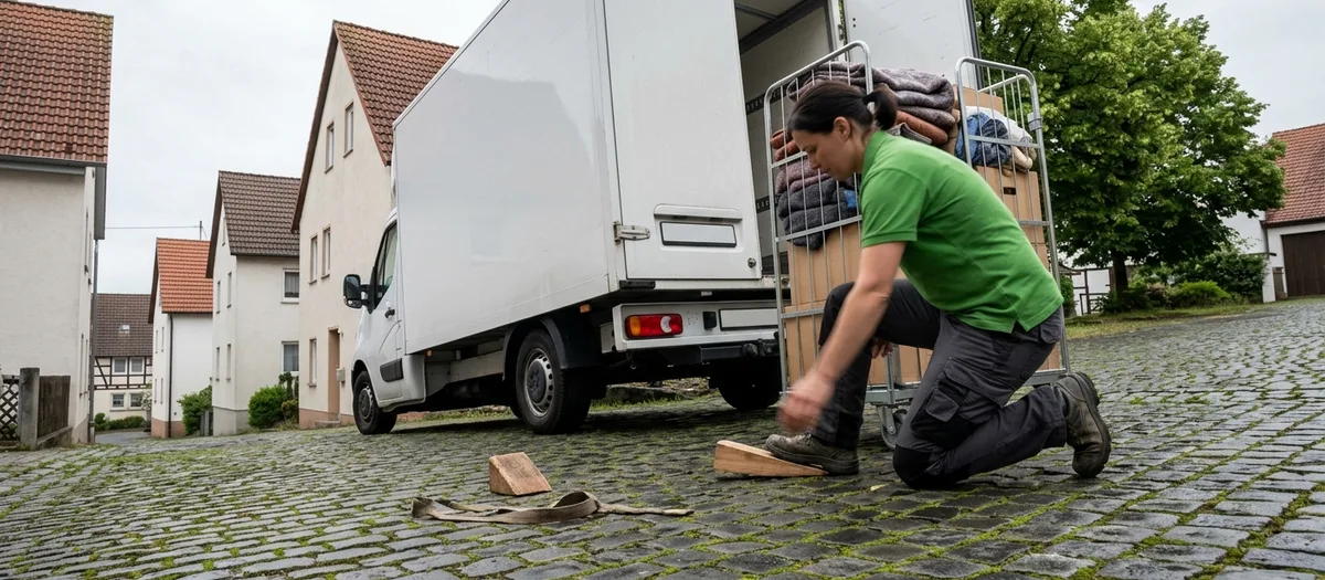 Kastenwagen mit offener Hecktür steht auf einer leicht abschüssigen Pflasterzufahrt in einem märkischen Ortskern, eine Kraft sichert einen Rollbehälter mit Keil, im Hintergrund verputzte Häuser und Bäume, weiches Tageslicht