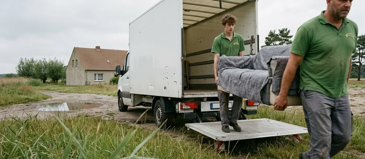 Aus dem Gras heraus aufgenommen: der Möbelwagen mit ausgefahrener Hebebühne hält am befestigten Ende einer Feldwegzufahrt vor einem einzeln stehenden märkischen Bauernhaus, im Hintergrund Schilfkante und Weidenreihe der Niederung, zwei Kräfte tragen ein in Decken gehülltes Sofa auf die Bühne, der vordere rechts angeschnitten, bedeckter Himmel und eine Pfütze auf dem Weg